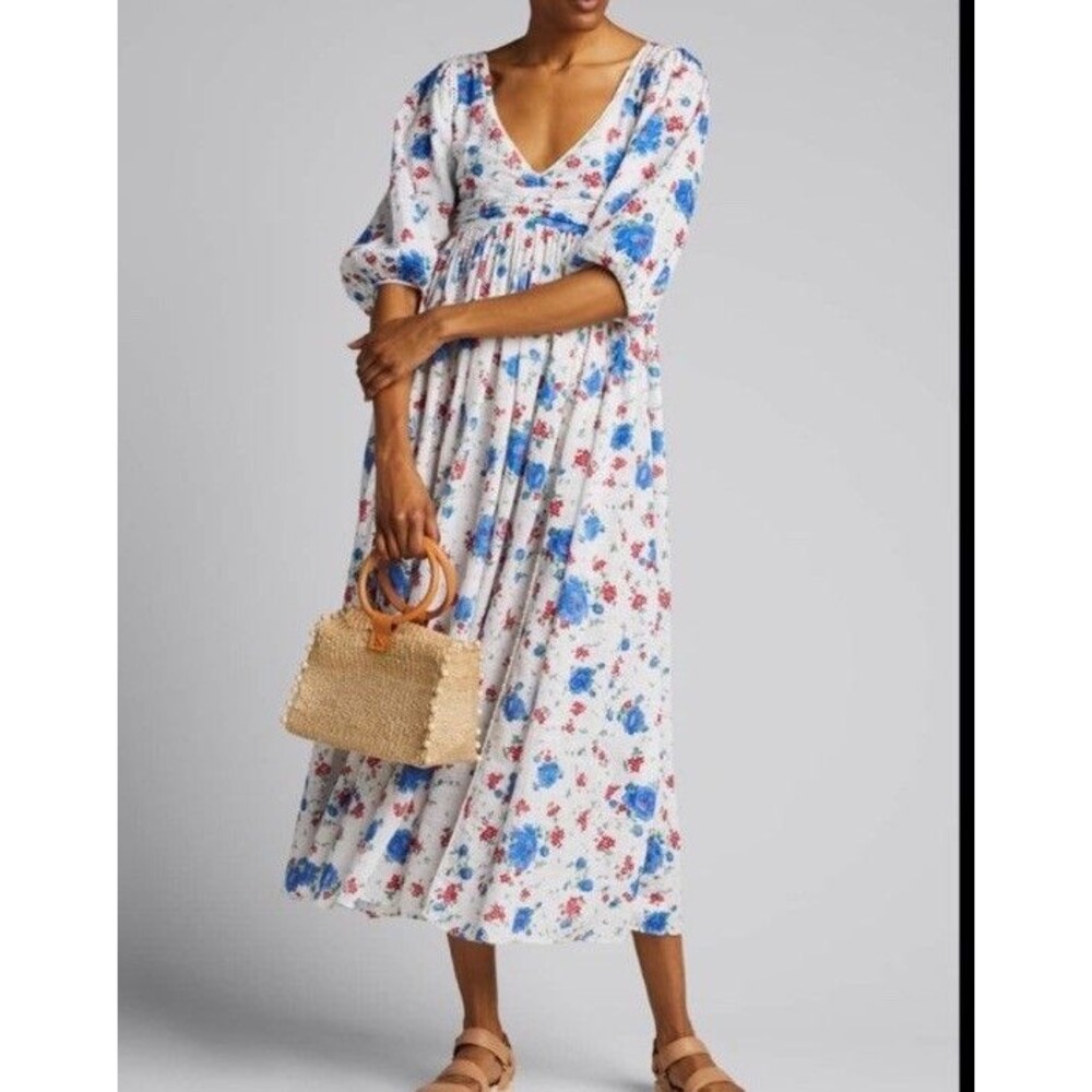 LoveShackFancy Roslyn Maxi Dress In Blue Notte Floral Smocked Cotton Sz 2 (J